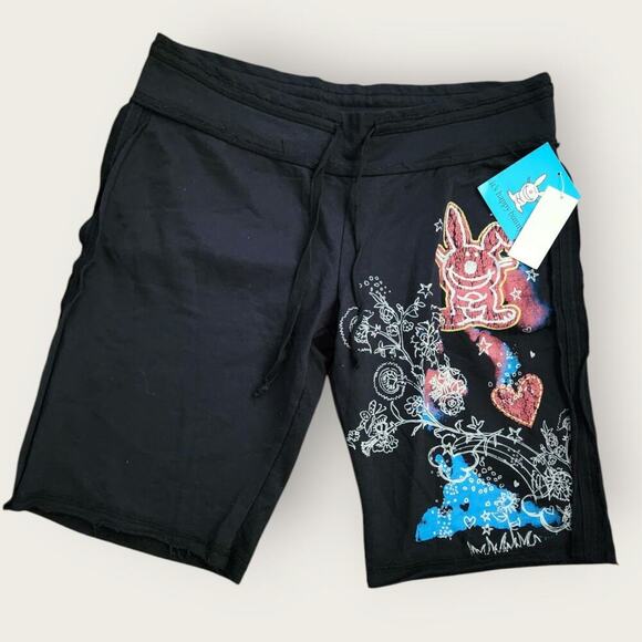 Its Happy Bunny Shorts Juniors Sz L Black Bunny Design Y2K VTG Frayed Drawstring - Picture 1 of 6